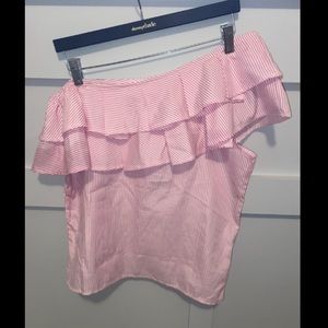 Zara Pink White Stripe One-Shoulder Ruffle Top – Fits M